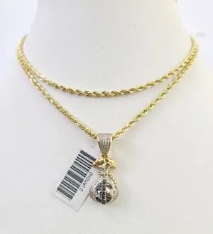 10k Solid Rope Chain 2mm Money Bag Diamond Pendant Charm Necklace SET 18-22 in
