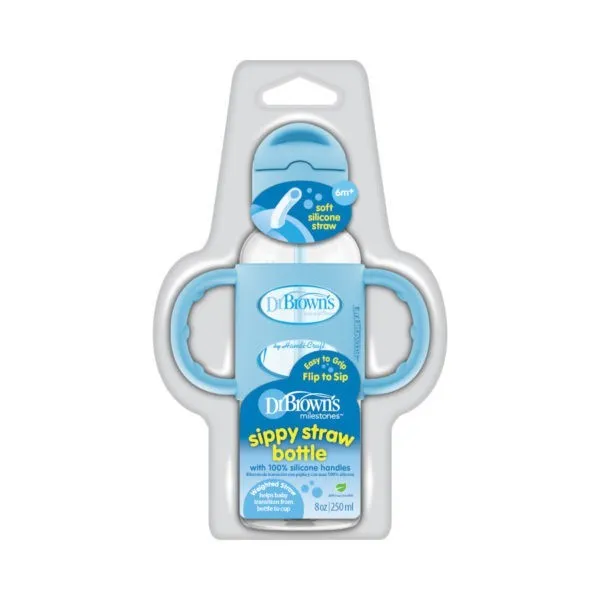 [2-Pack] Dr. Brown’s 8oz/250ml PP Narrow Sippy Straw Bottle w/ Silicone Handles - Blue