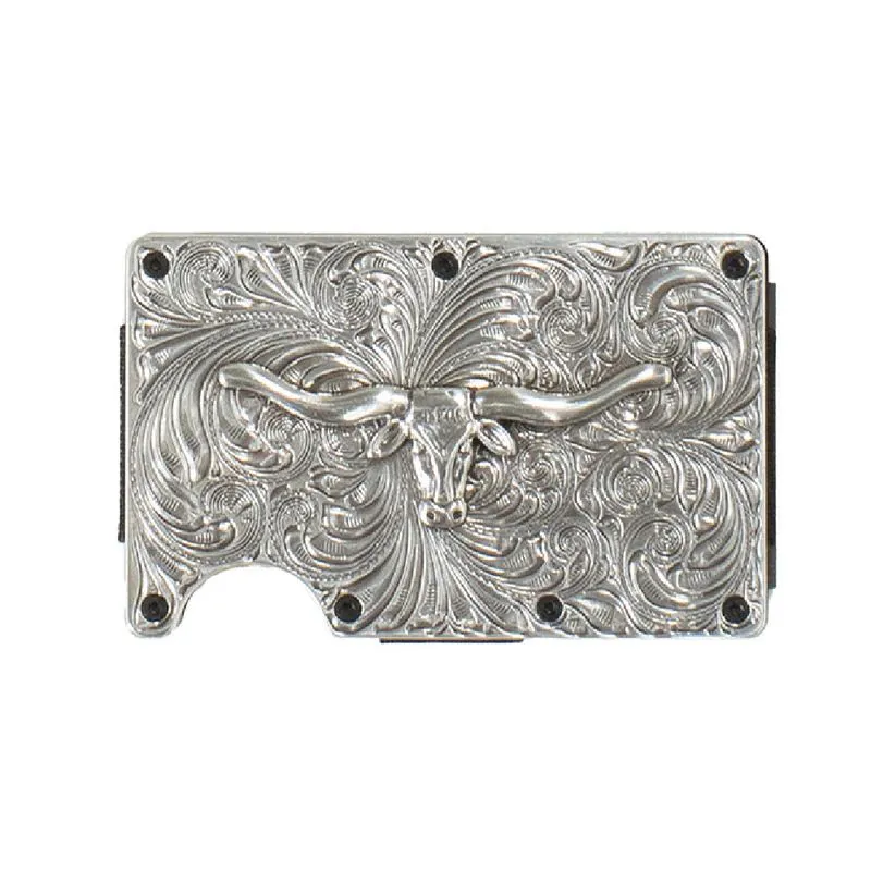 3D Mens Utility Wallet Long Horn Motif Silver Black