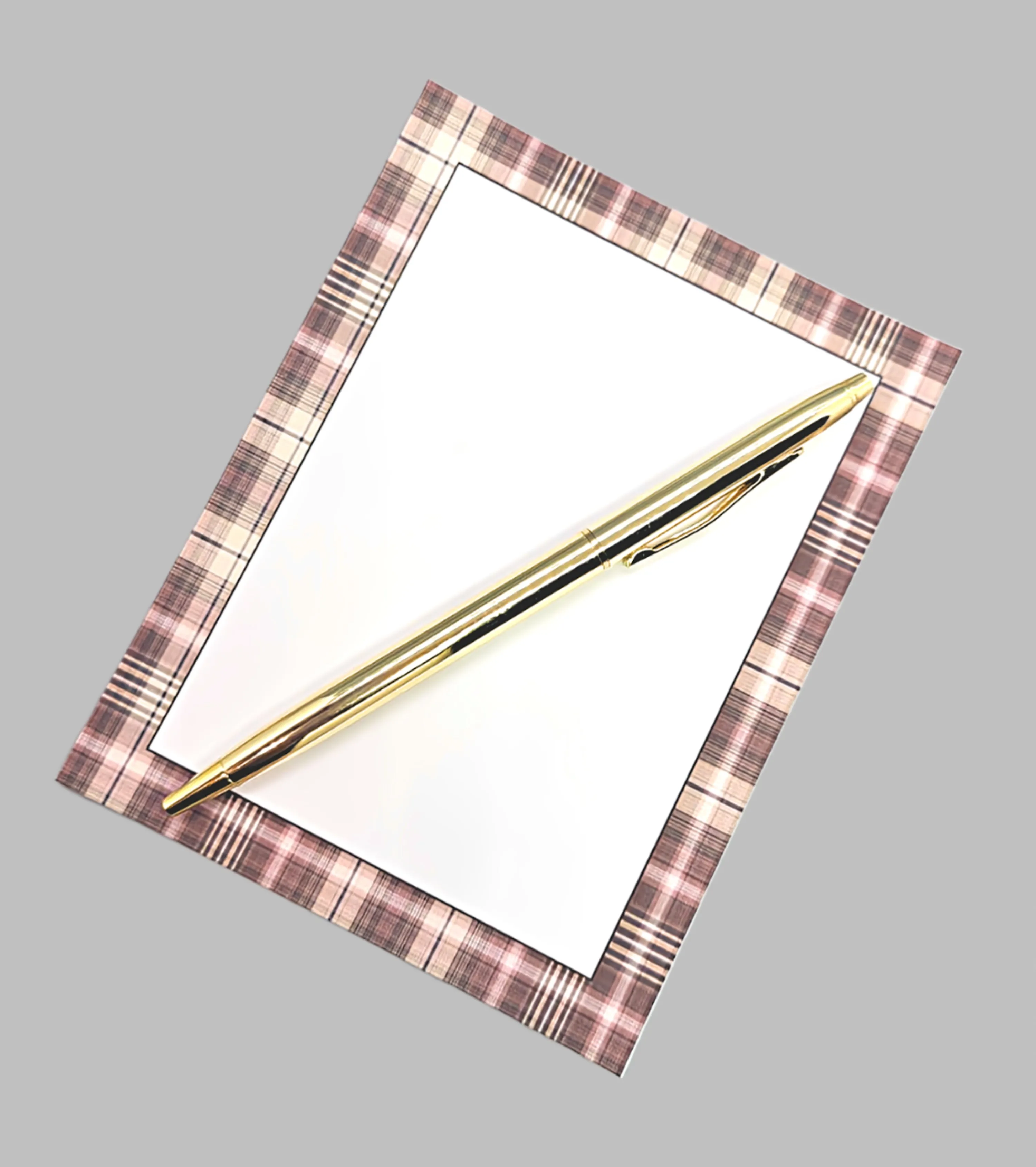 42-Pc Stationery For Him Gift Box Set w/Reusable Desktop Organizer Box and Gold Pen - Brown Plaid