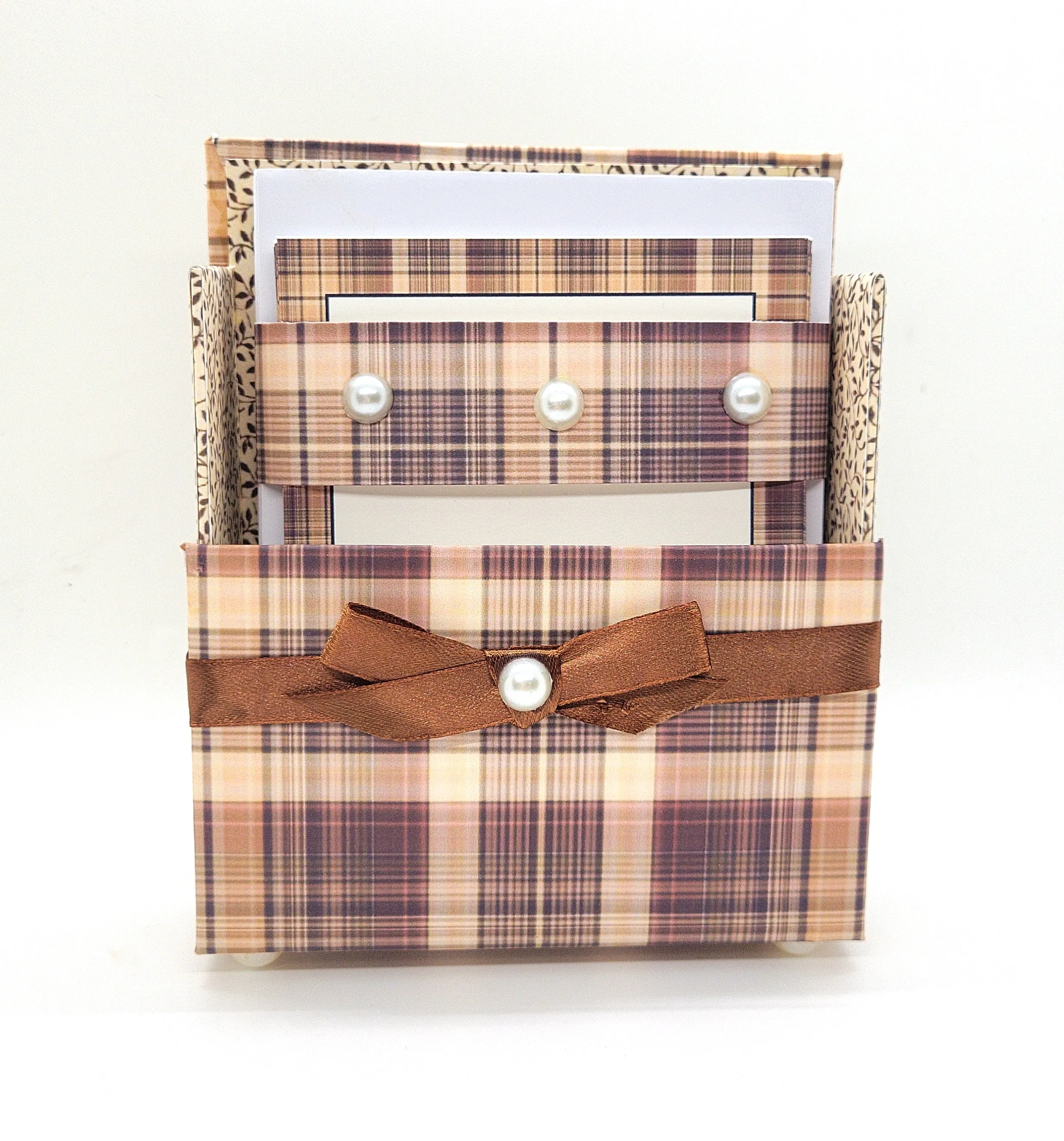 42-Pc Stationery For Him Gift Box Set w/Reusable Desktop Organizer Box and Gold Pen - Brown Plaid
