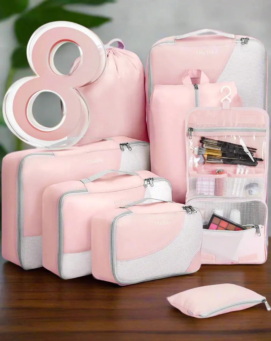 8-Piece Travel Organizer Cubes Set in Pink, Durable Packing Cubes with Toiletry Bag, Multi-Sized Storage