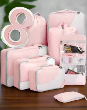 8-Piece Travel Organizer Cubes Set in Pink, Durable Packing Cubes with Toiletry Bag, Multi-Sized Storage