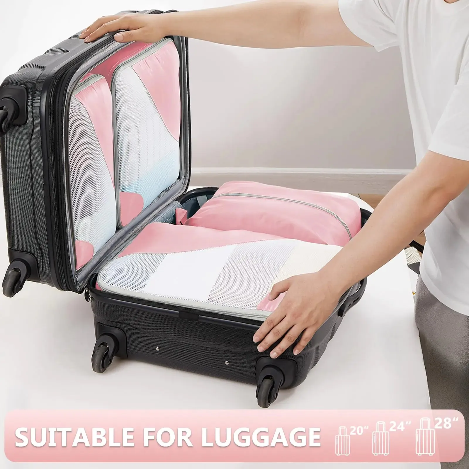 8-Piece Travel Organizer Cubes Set in Pink, Durable Packing Cubes with Toiletry Bag, Multi-Sized Storage