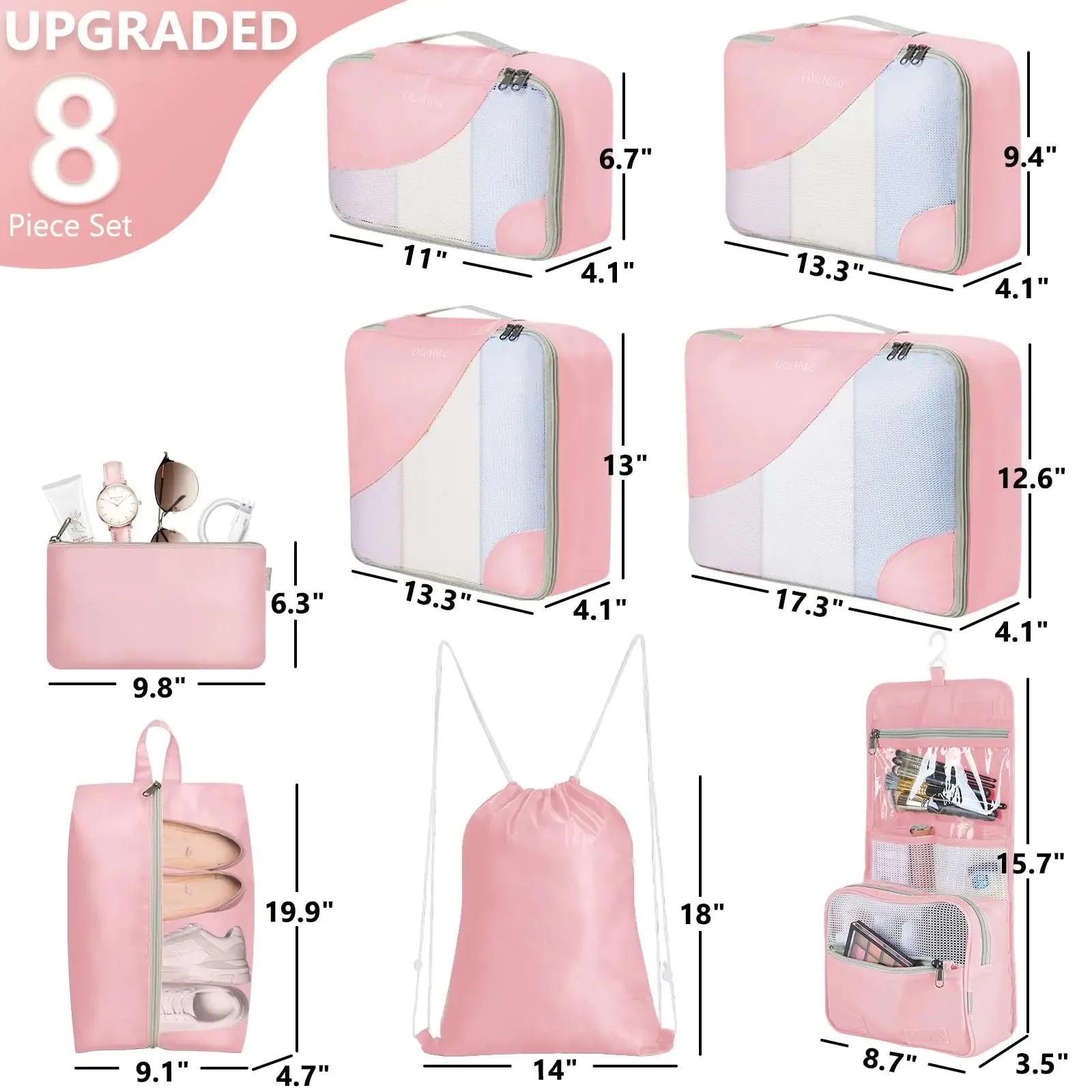 8-Piece Travel Organizer Cubes Set in Pink, Durable Packing Cubes with Toiletry Bag, Multi-Sized Storage