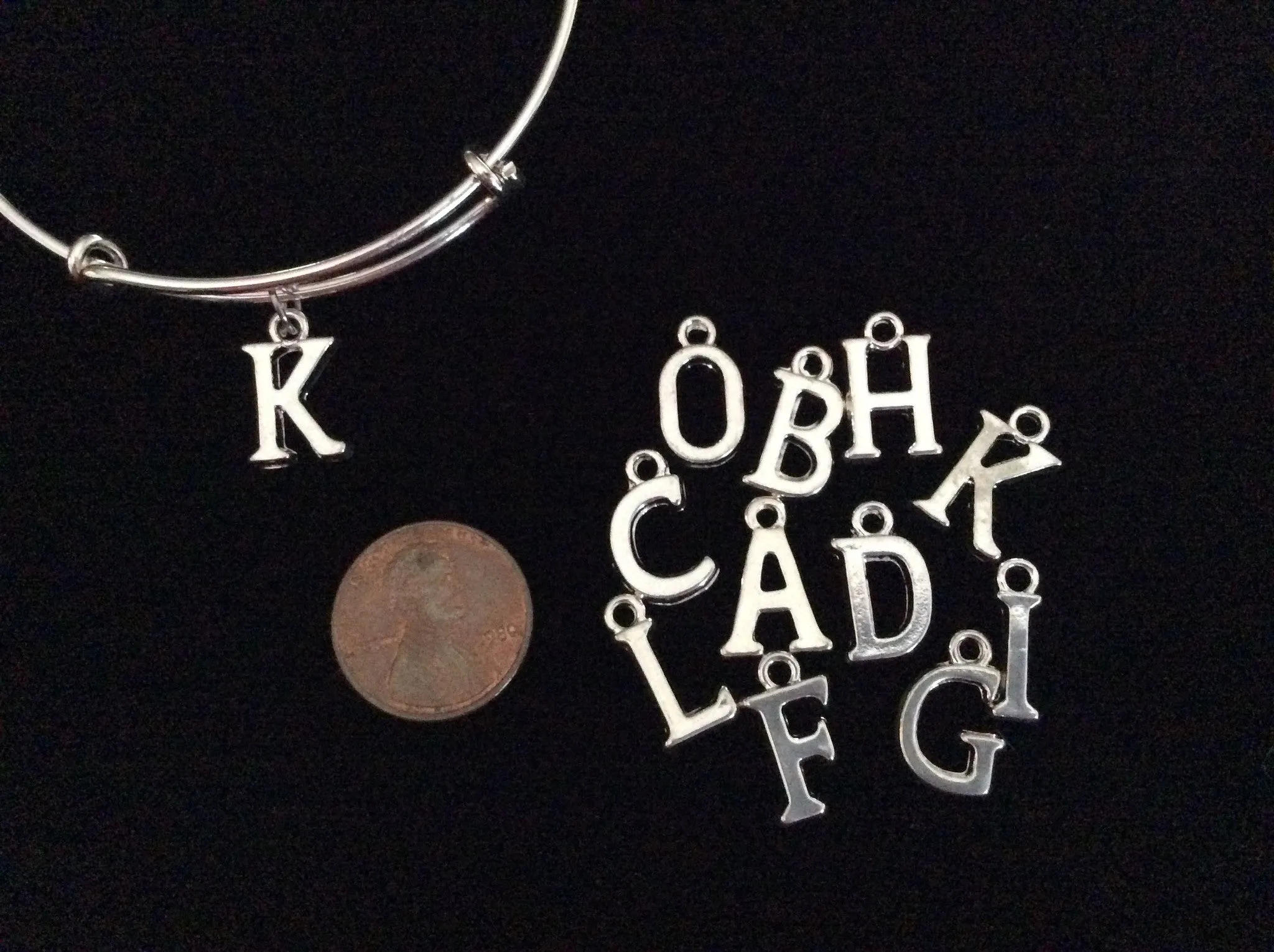 Add A Silver Plated Letter Initial Charm to an Expandable Adjustable Wire Bangle Bracelet in shop Jules Obsession
