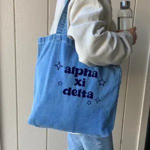 Alpha Xi Delta Denim Tote Bag - Sorority Gift, Big Little Reveal, Bid Day, Greek Life Accessory