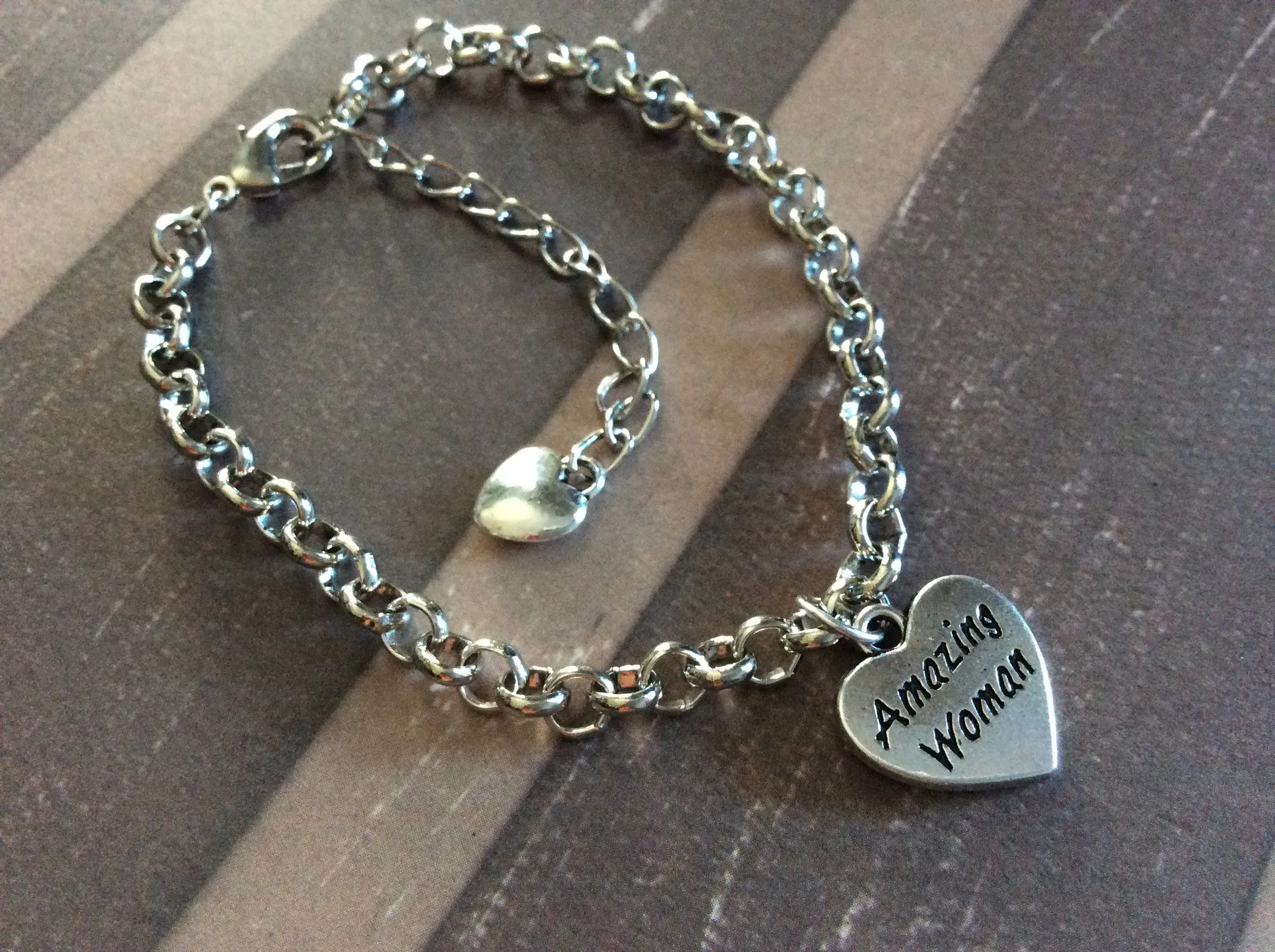 Amazing Woman Charm Bracelet Silver Plated Chain Link Double Sided Heart Charm Bracelet Gift