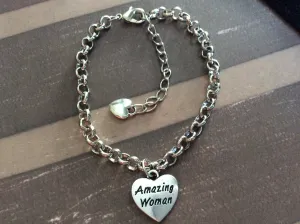 Amazing Woman Charm Bracelet Silver Plated Chain Link Double Sided Heart Charm Bracelet Gift