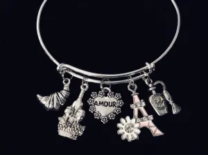 Amour Paris France Travel Vacation Jewelry Adjustable Bracelet Expandable Silver Wire Bangle Trendy One Size Fits All Gift Croissant Eiffel Tower Wine Perfume