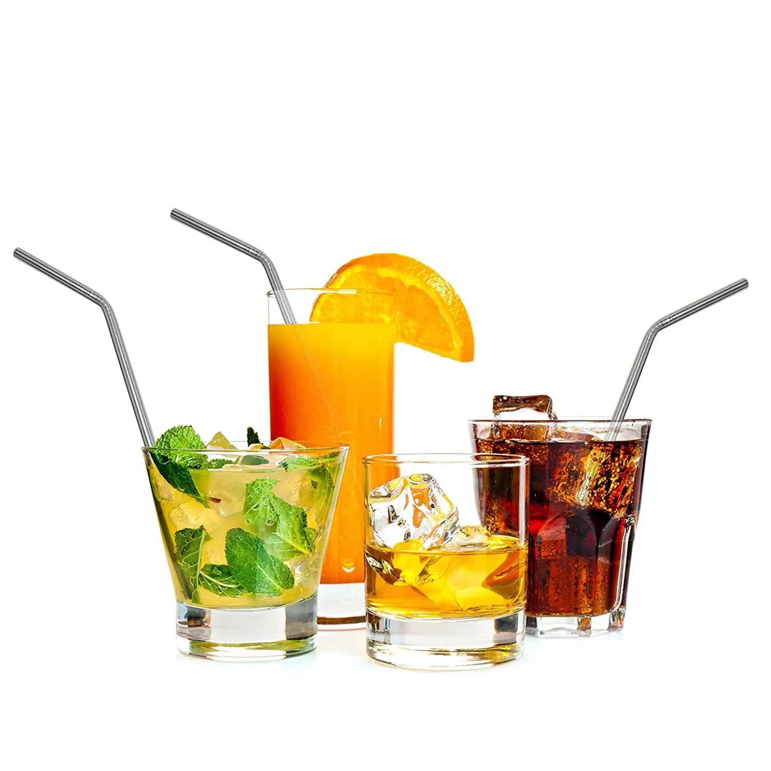 Angled Stainless Steel Drinking Straws - Set of 6 - with 2 Cleaning Brushes