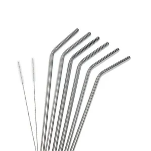 Angled Stainless Steel Drinking Straws - Set of 6 - with 2 Cleaning Brushes