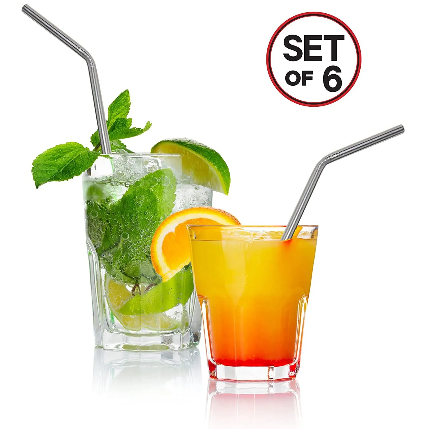 Angled Stainless Steel Drinking Straws - Set of 6 - with 2 Cleaning Brushes