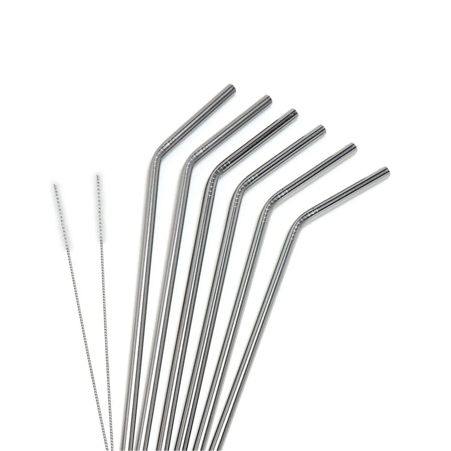 Angled Stainless Steel Drinking Straws - Set of 6 - with 2 Cleaning Brushes