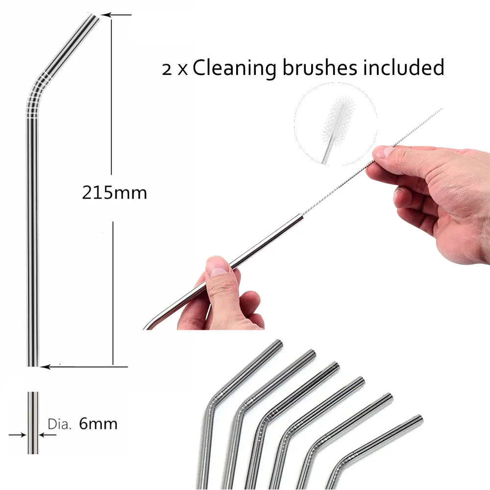 Angled Stainless Steel Drinking Straws - Set of 6 - with 2 Cleaning Brushes
