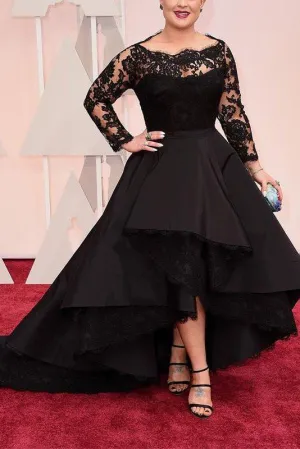 Anneprom A-Line Bateau Long Sleeves Black Lace Asymmetrical Plus Size Prom Dresses APP0347