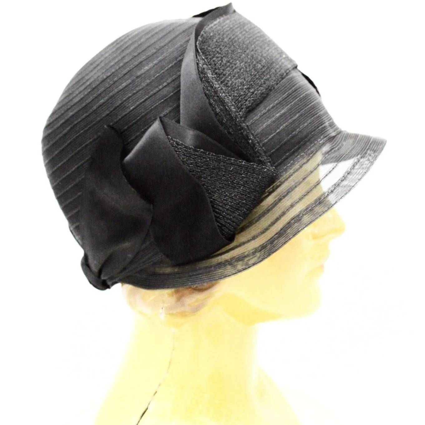 Antique Cloche Hat Black Horsehair  Straw & Satin Large Head Gorgeous Vintage Chapeaux