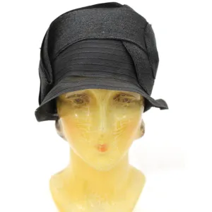 Antique Cloche Hat Black Horsehair  Straw & Satin Large Head Gorgeous Vintage Chapeaux