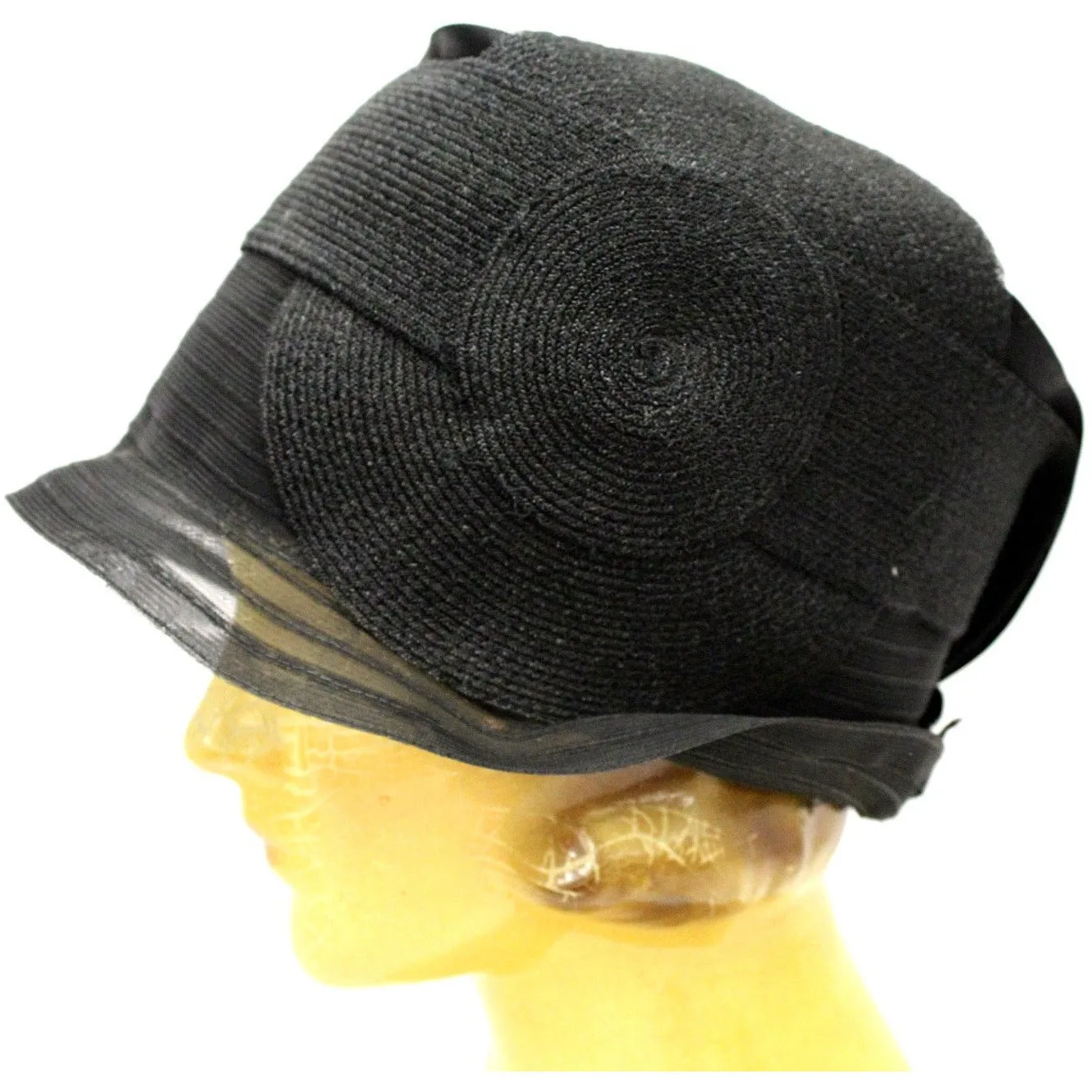 Antique Cloche Hat Black Horsehair  Straw & Satin Large Head Gorgeous Vintage Chapeaux