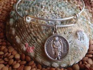 Archangel Gabriel with Prayer on Back Silver Expandable bangle Patron Saint of broadcasters, telecommunications workers, postal workers