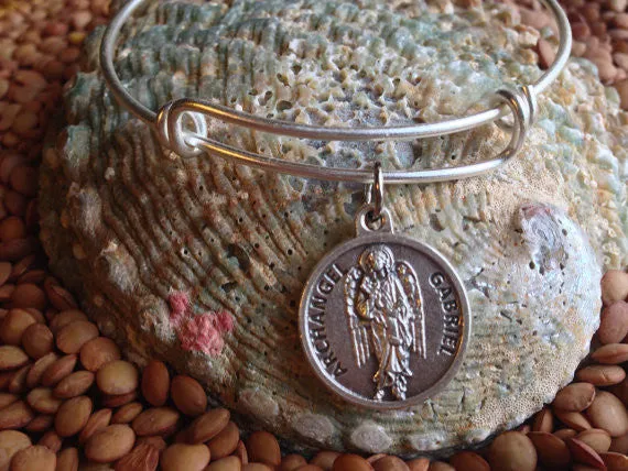Archangel Gabriel with Prayer on Back Silver Expandable bangle Patron Saint of broadcasters, telecommunications workers, postal workers