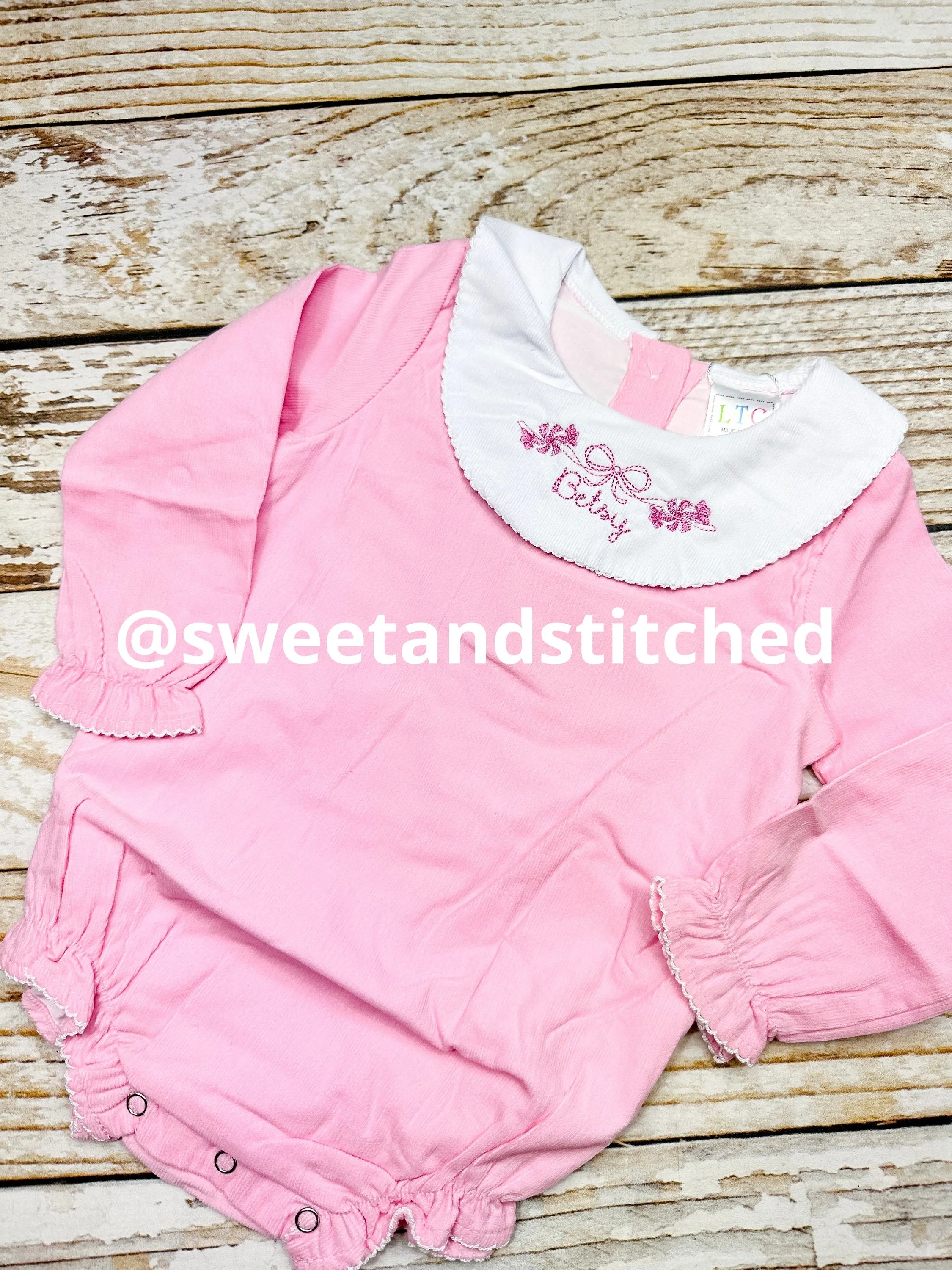 Baby girl monogrammed Christmas bishop bubble in pink corduroy, Ruffle Christmas outfit with peppermint design, girls Christmas outfit