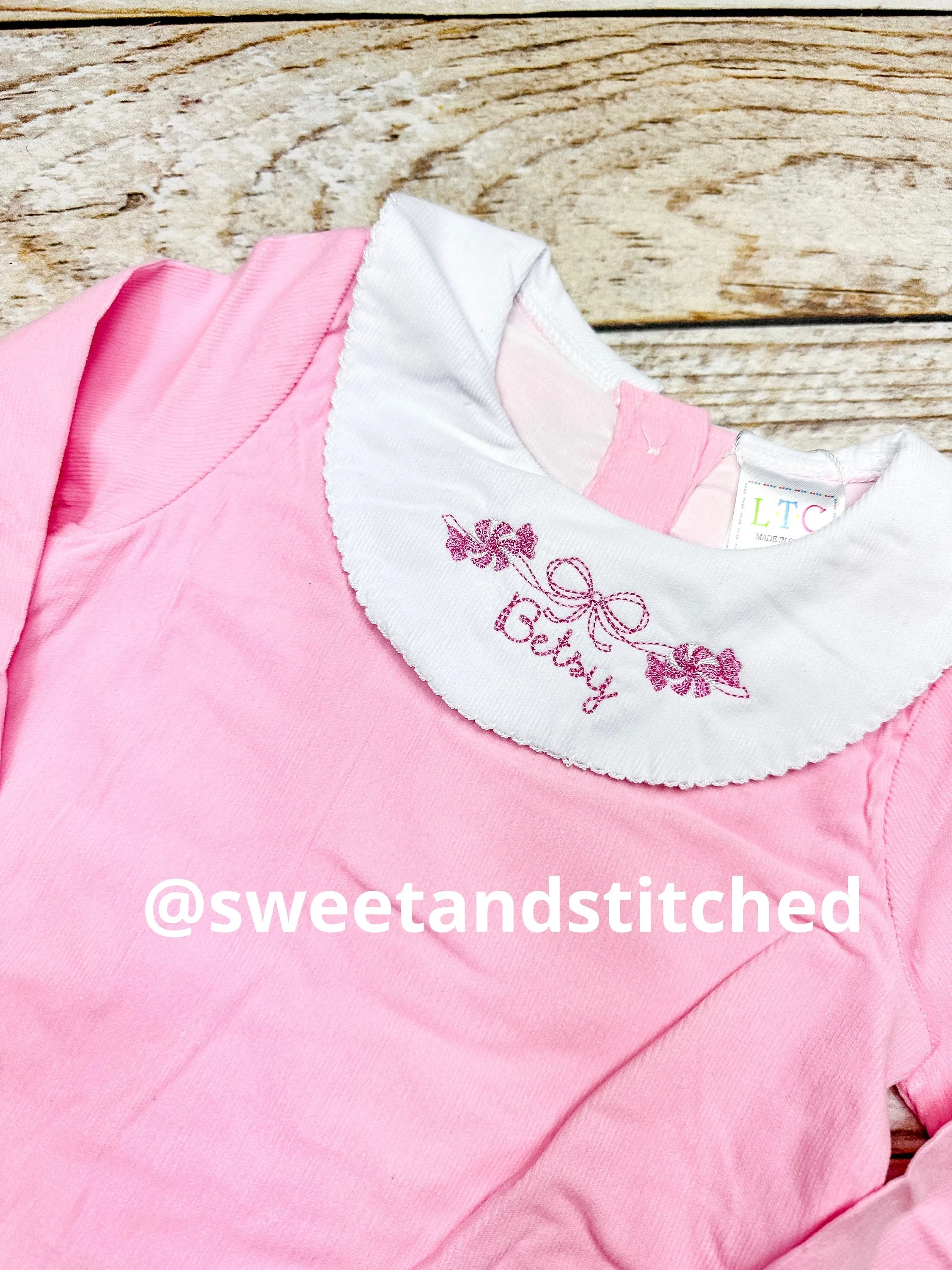 Baby girl monogrammed Christmas bishop bubble in pink corduroy, Ruffle Christmas outfit with peppermint design, girls Christmas outfit