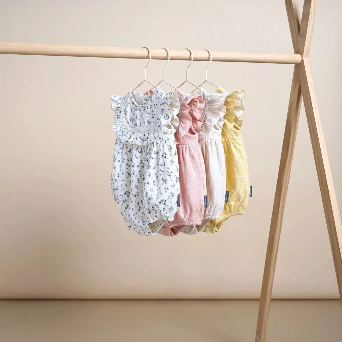 Baby Girls Light Taupe Stripe Ruffle Bubble Romper