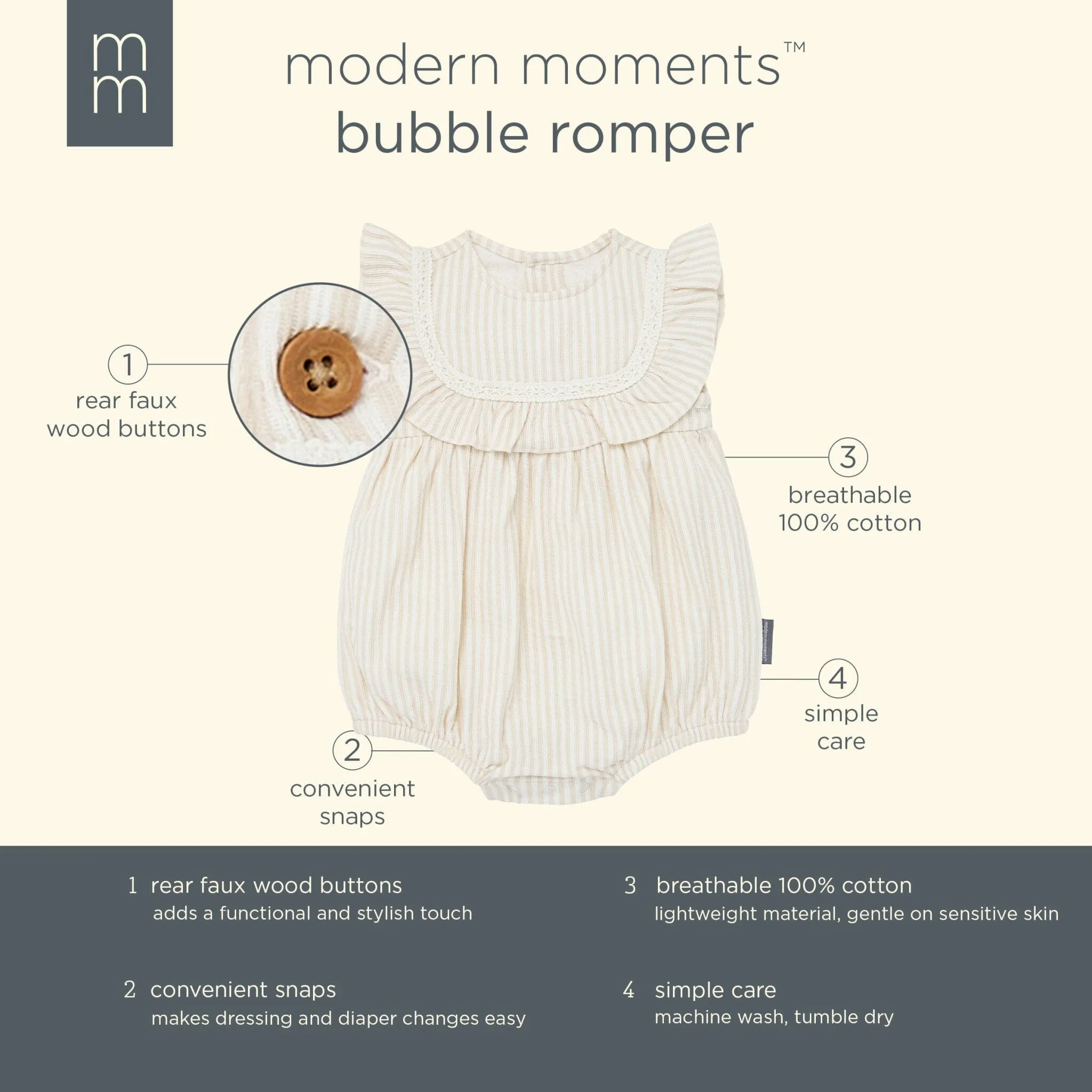 Baby Girls Light Taupe Stripe Ruffle Bubble Romper