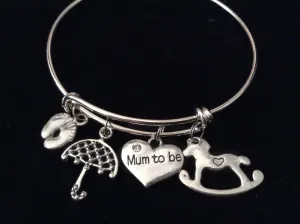Baby Shower Bracelet Mum To Be Umbrella Rocking Horse Silver Baby Feet Charm Silver Expandable Adjustable Wire Bangle Stacking Handmade Trendy New Mom Gift
