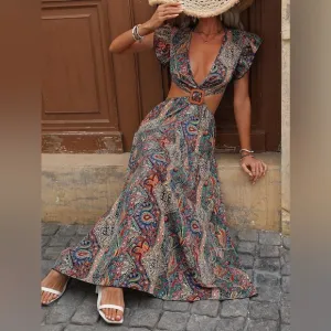 Backless cut out paisley print boho gypsy tiered maxi dress rainbow colorful