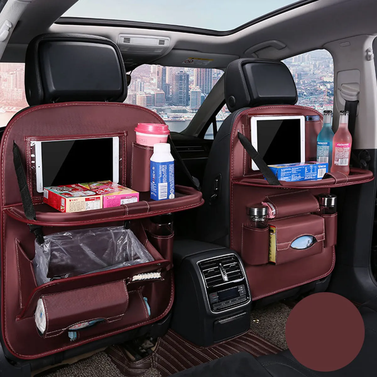 Backseat Organizer With Tablet Holder PU Leather, Custom Fit For Your Cars, Backseat Car Organizer, Car Seat Back Protectors Kick With Foldable Table Tray Car Seat Organizer, Car Accessories CC15987