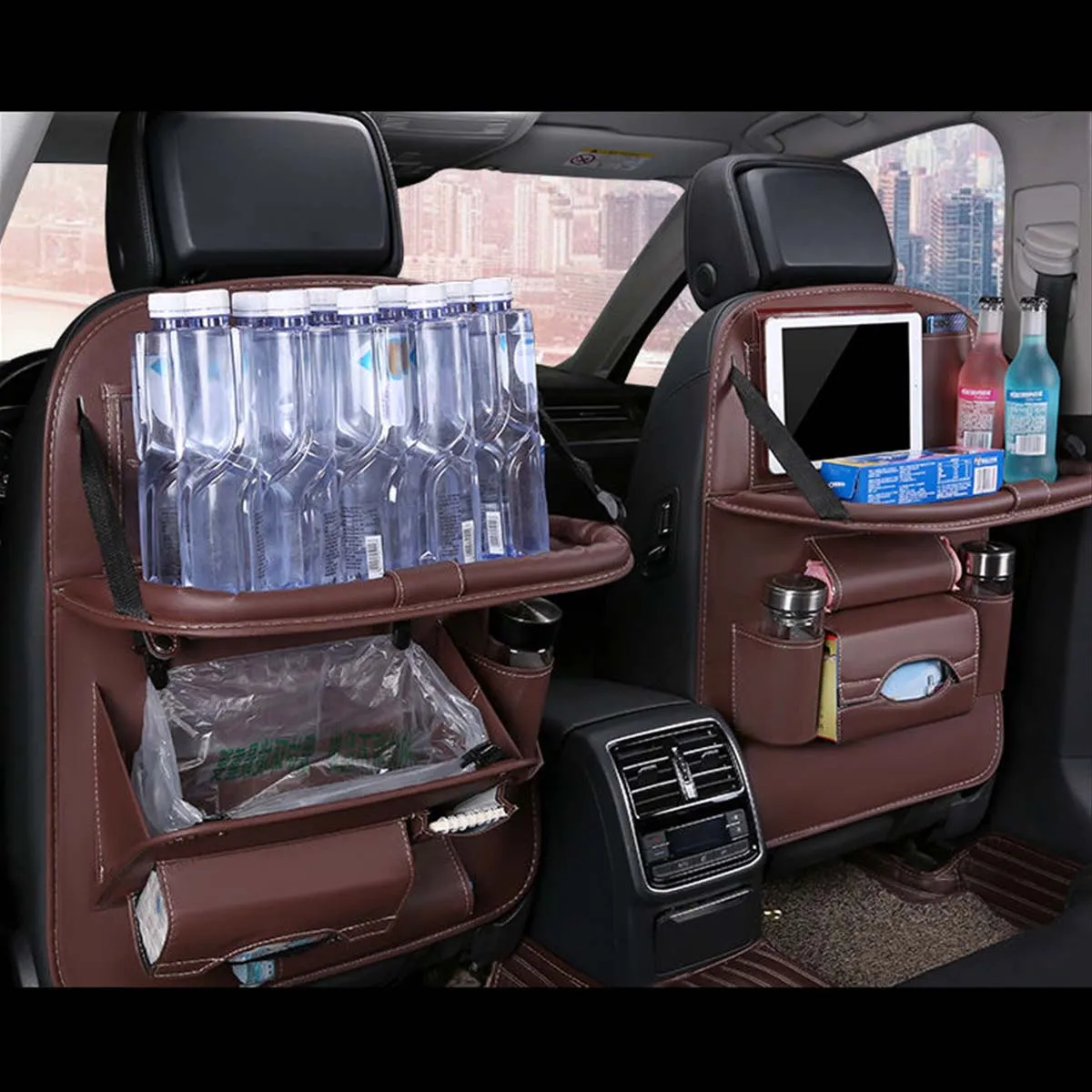 Backseat Organizer With Tablet Holder PU Leather, Custom Fit For Your Cars, Backseat Car Organizer, Car Seat Back Protectors Kick With Foldable Table Tray Car Seat Organizer, Car Accessories HA15987