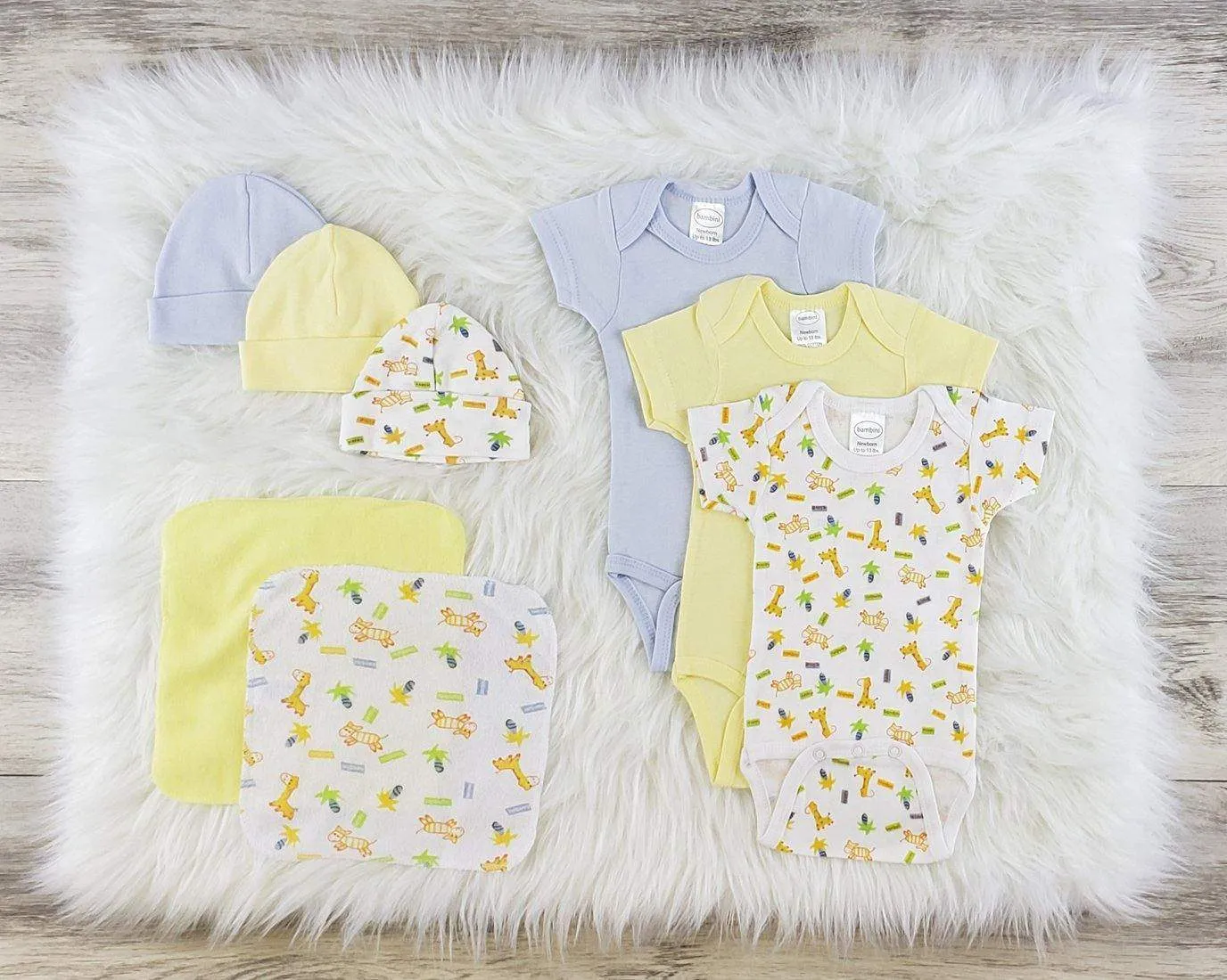 Bambini 8 Pc Layette Wash Cloth, Onesies, Beanies Clothes Set (NB,S,M,L)