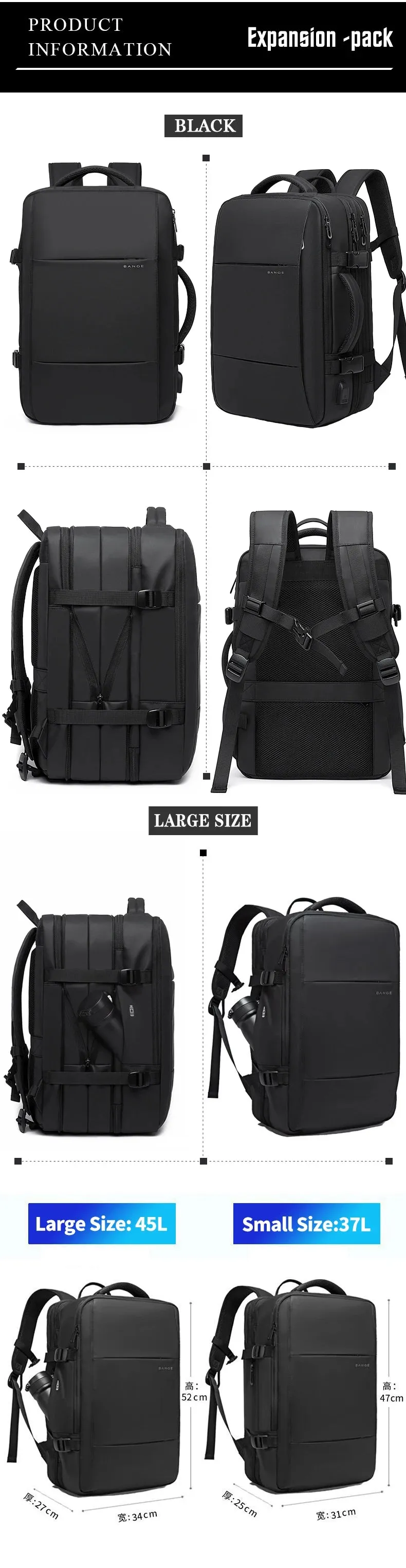BANGE Expandable Men's Backpack – Waterproof 17.3-inch Laptop Backpack, Large Capacity Hiking Travel Bag for Men