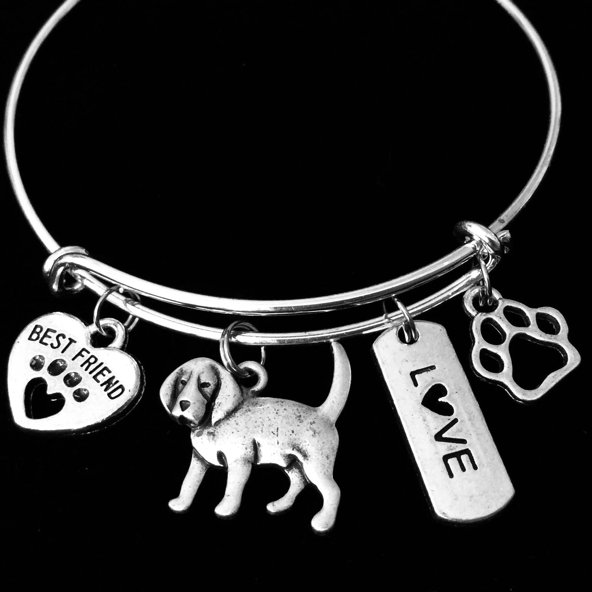 Beagle Dog Expandable Charm Bracelet Silver Adjustable Wire Bangle Gift Best Friend Paw Print Pet Animal Lover Jewelry Gift