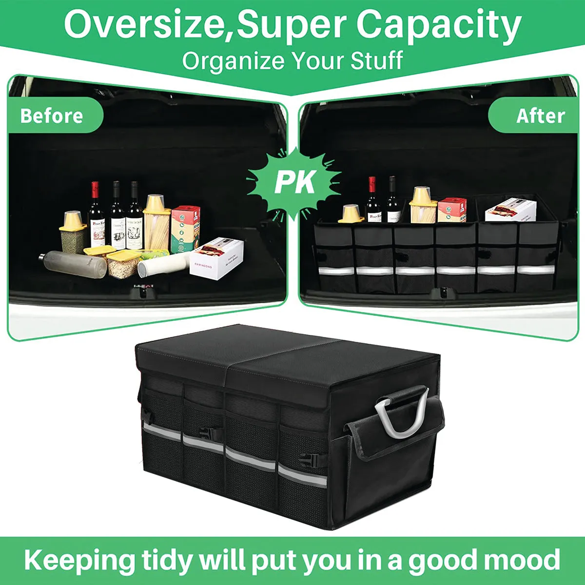 Big Trunk Organizer, Custom-Fit For Car, Cargo Organizer SUV Trunk Storage Waterproof Collapsible Durable Multi Compartments WaJE253