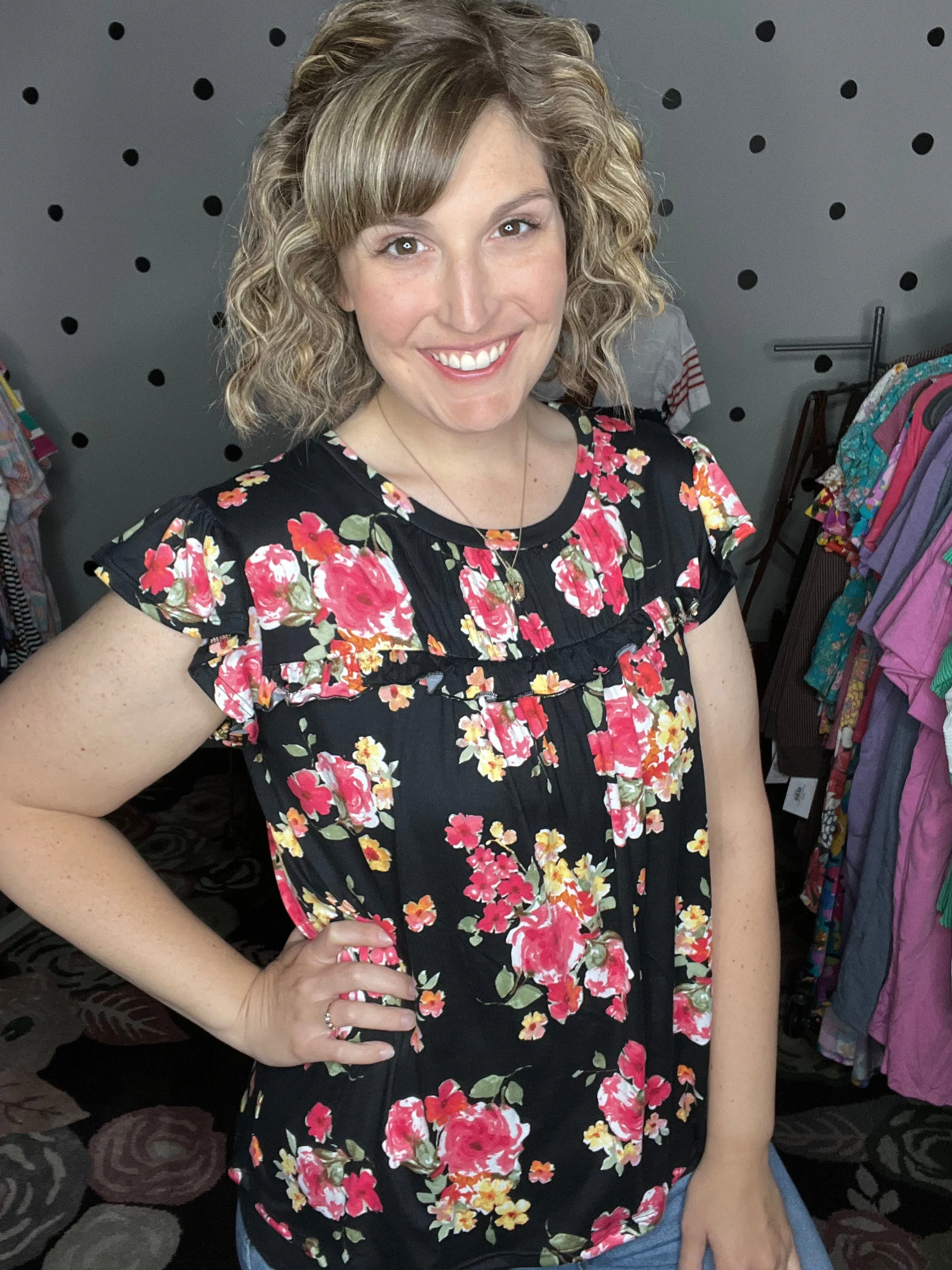 Black Floral Flutter Sleeve Tee