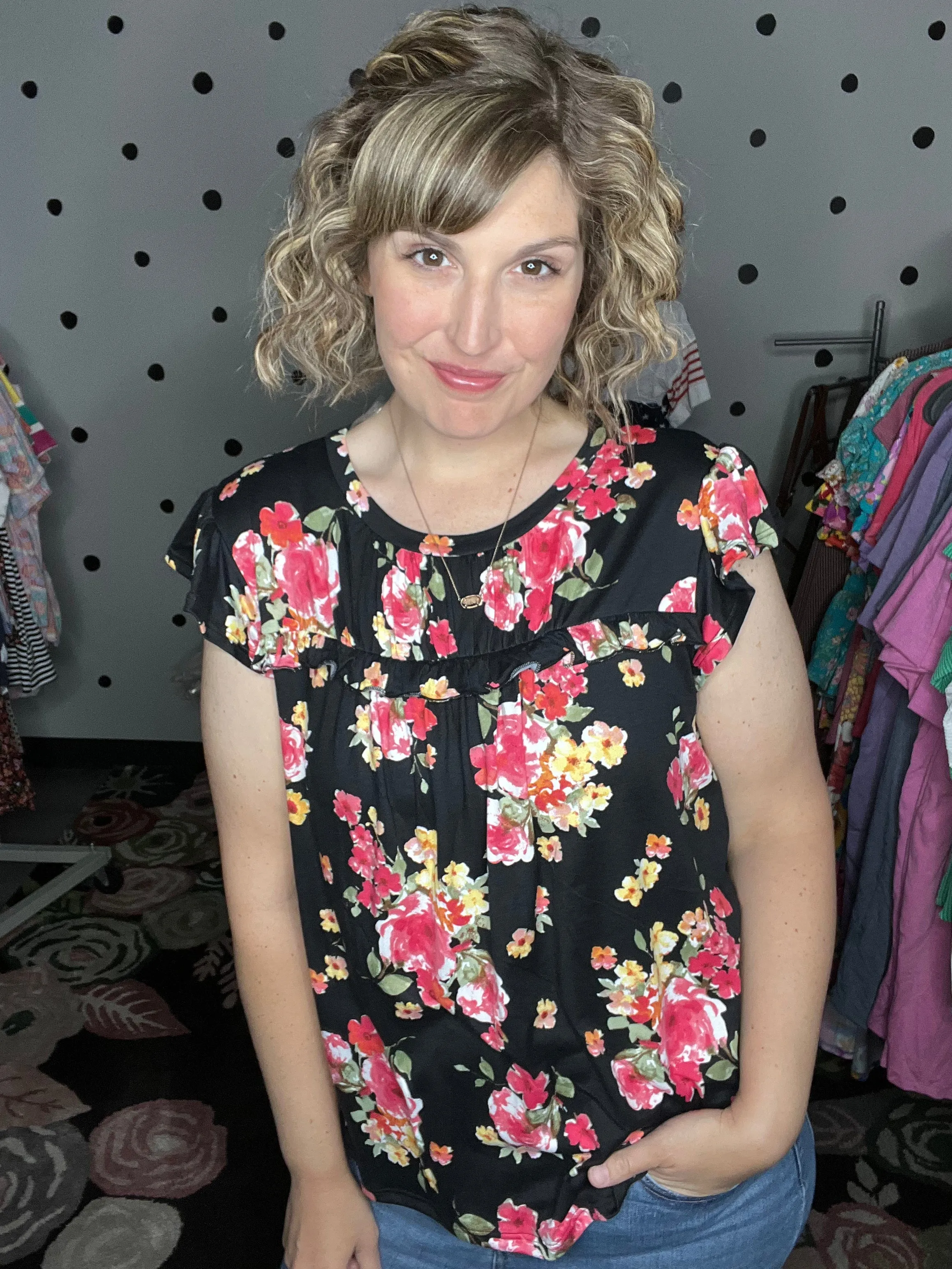 Black Floral Flutter Sleeve Tee