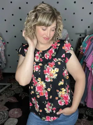 Black Floral Flutter Sleeve Tee