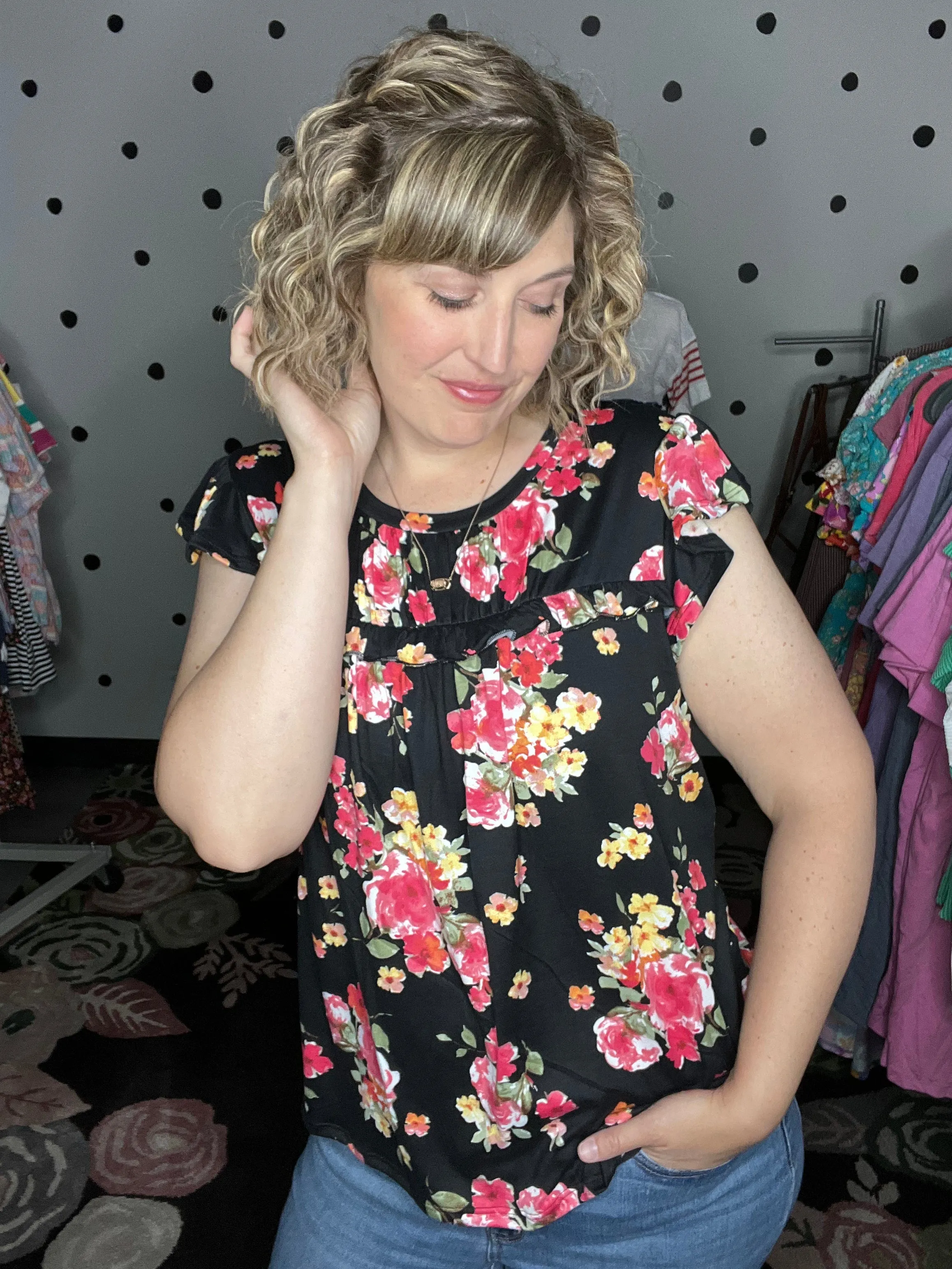 Black Floral Flutter Sleeve Tee