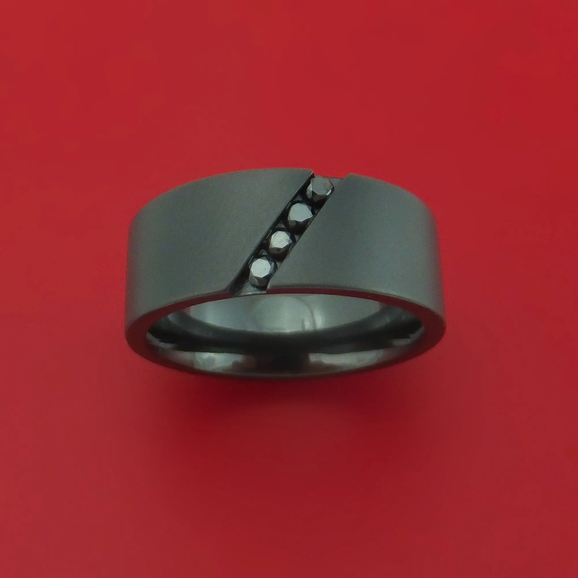 Black Zirconium Ring with Angled Chanel-Set Black Diamonds Custom Made Band