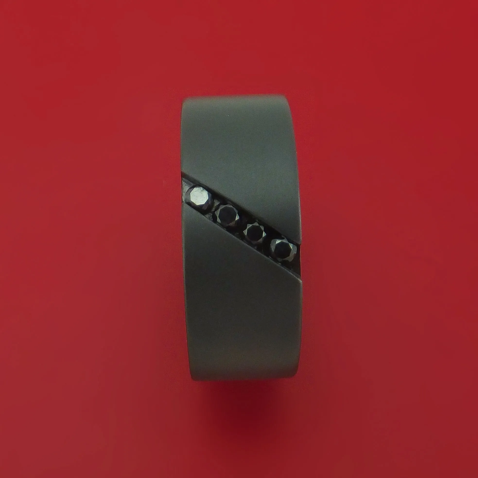 Black Zirconium Ring with Angled Chanel-Set Black Diamonds Custom Made Band