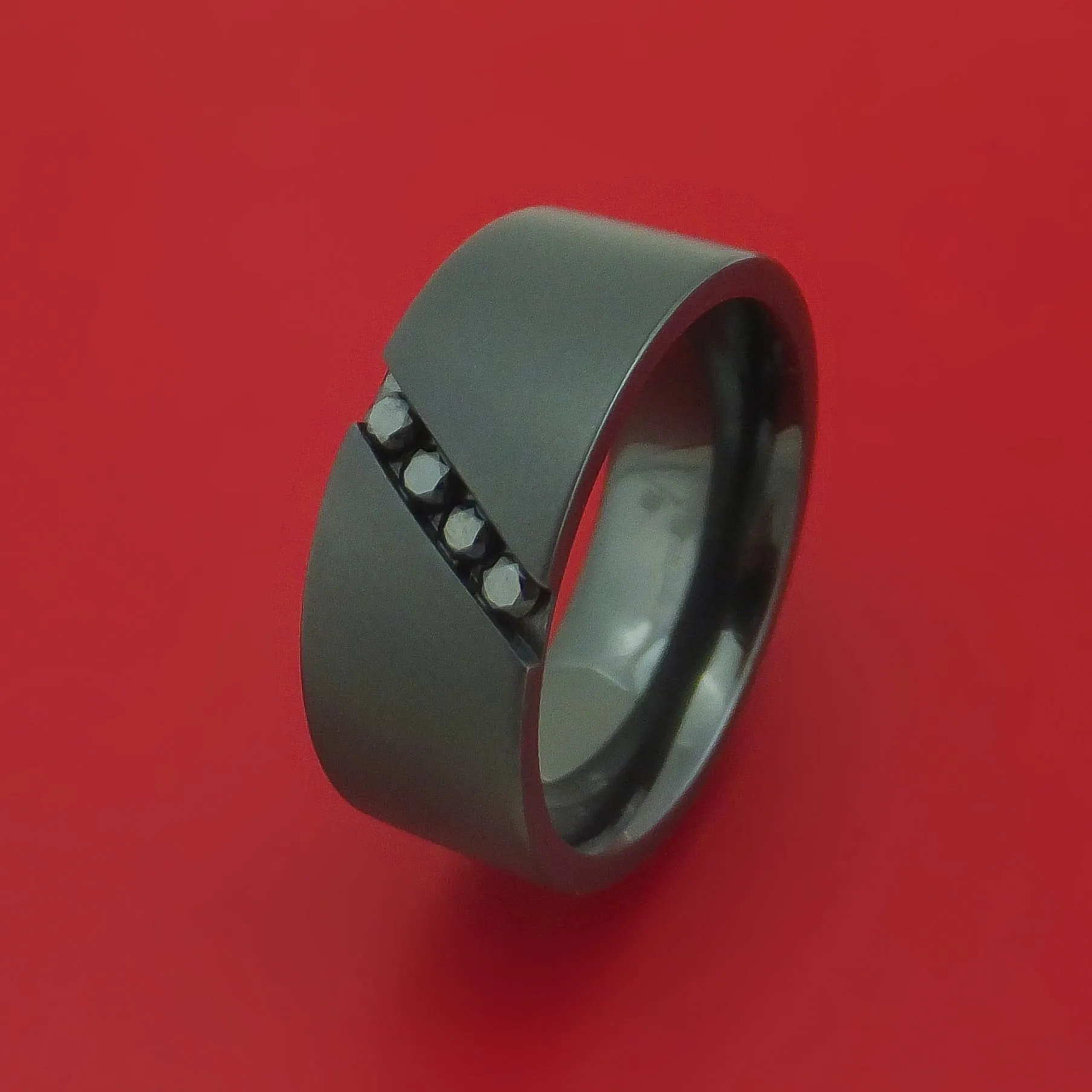 Black Zirconium Ring with Angled Chanel-Set Black Diamonds Custom Made Band