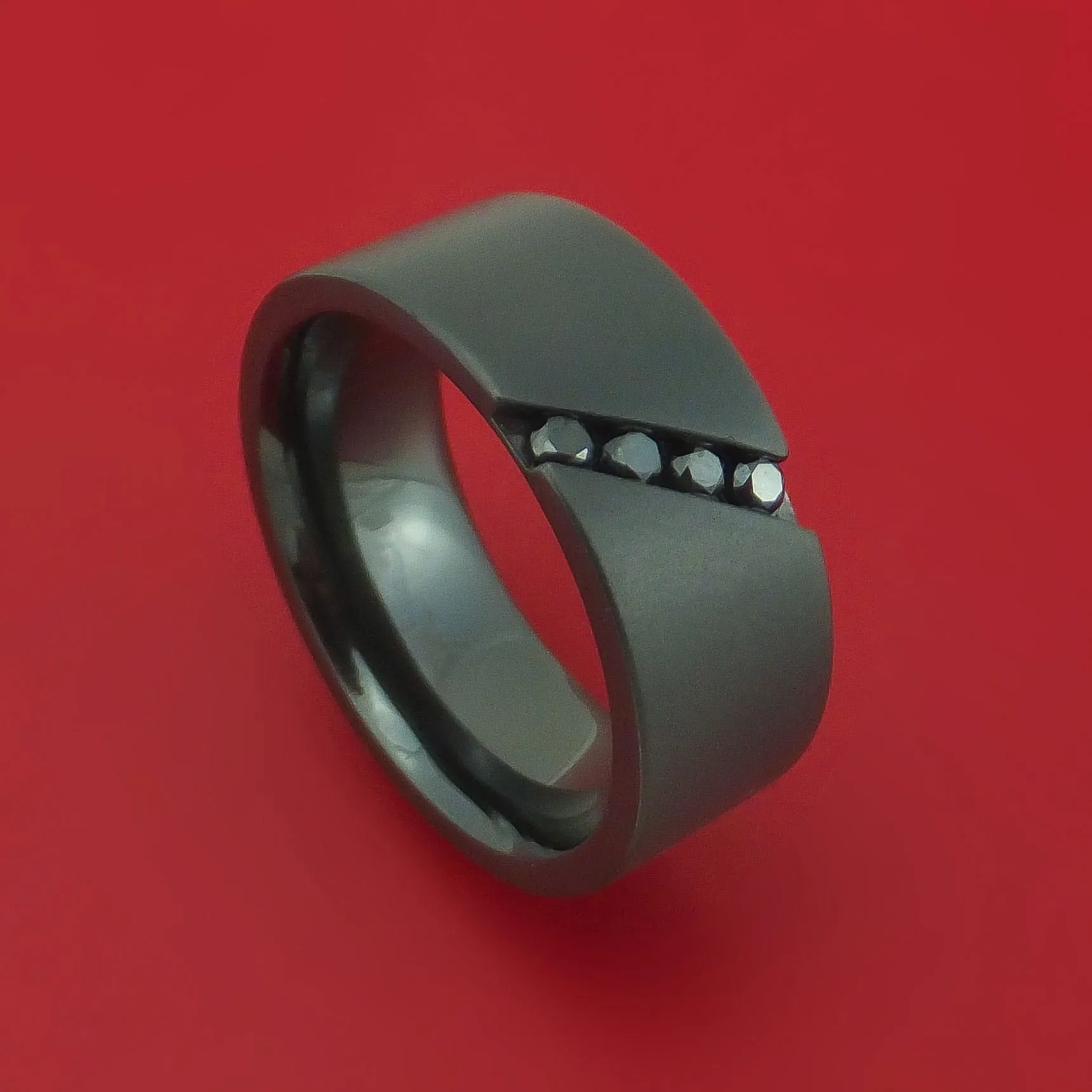 Black Zirconium Ring with Angled Chanel-Set Black Diamonds Custom Made Band