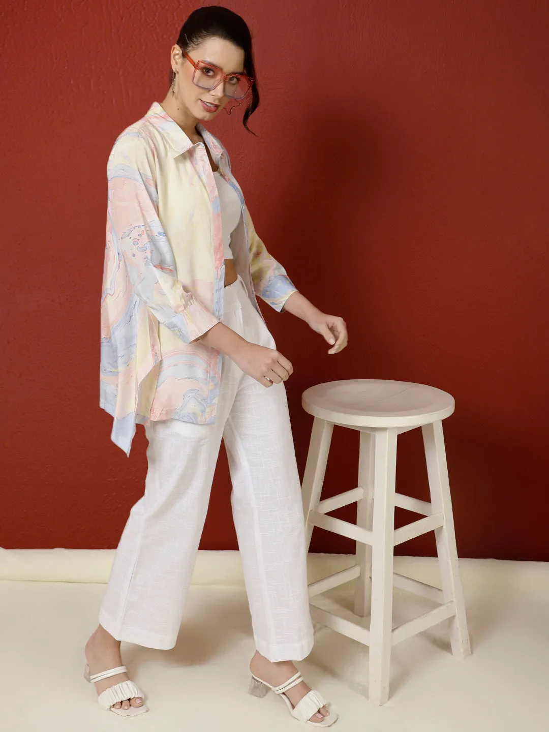 Blue Marble Print Asymmetric Shirt