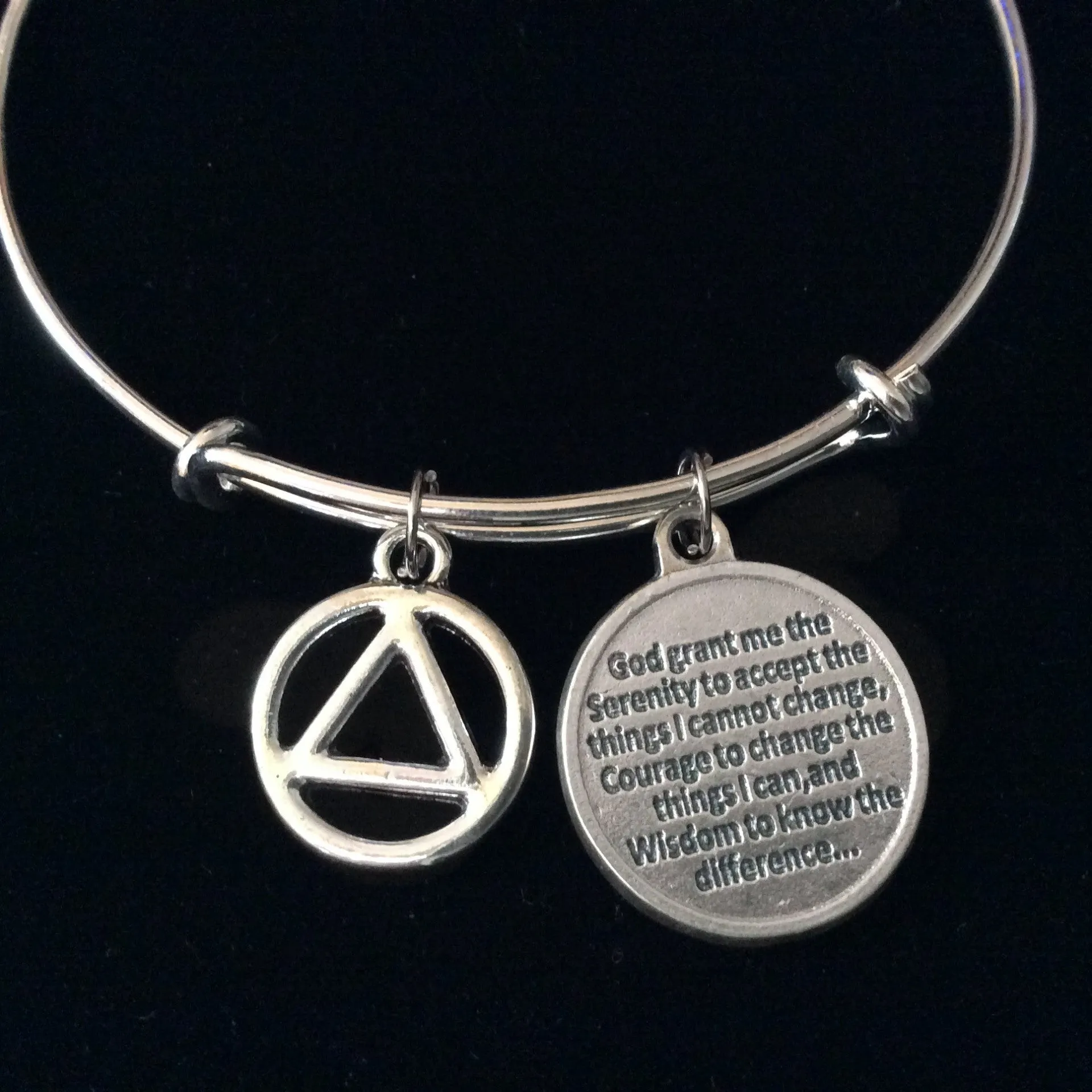 Blue Serenity Prayer AA Silver Expandable Charm Bracelet Adjustable Wire Bangle Inspirational Meaningful Recovery Gift Alcoholics Anonymous
