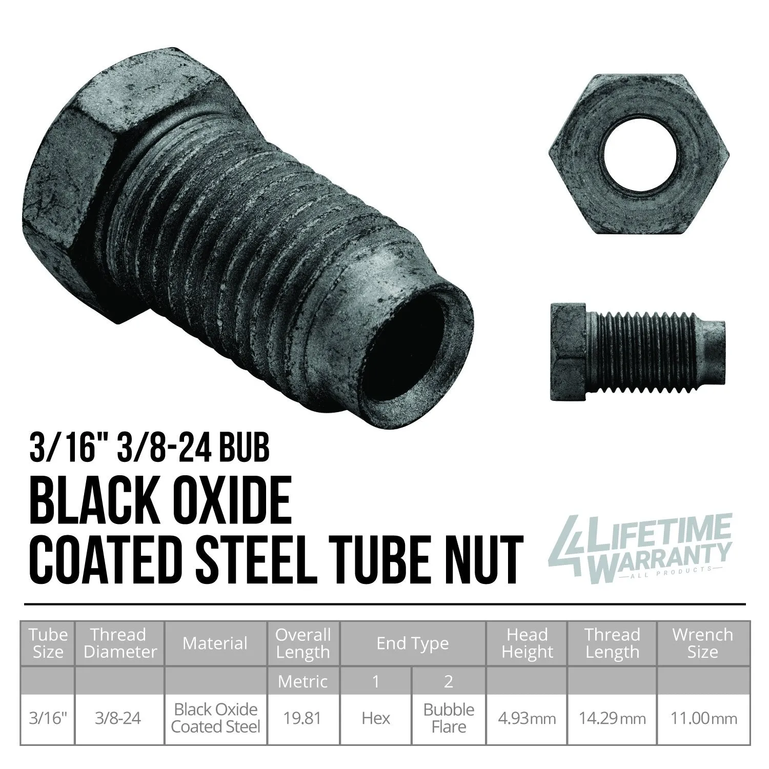 Brake Line Tube Nut | 3/16 (3/8-24 Bubble) | Black Oxide Coated Steel | 10ct