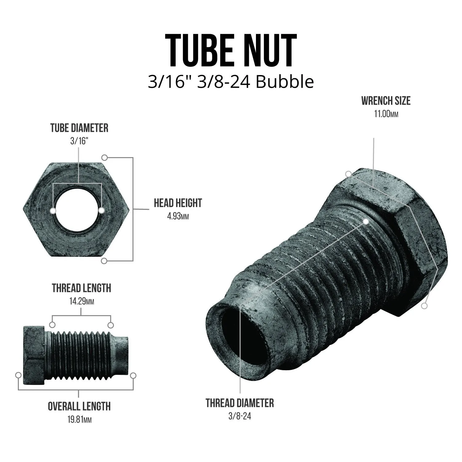 Brake Line Tube Nut | 3/16 (3/8-24 Bubble) | Black Oxide Coated Steel | 10ct