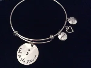 Brave Survivor And So She Goes On Semicolon Expandable Silver Charm Bracelet Adjustable Wire Bangle Inspirational Meaningful Trendy